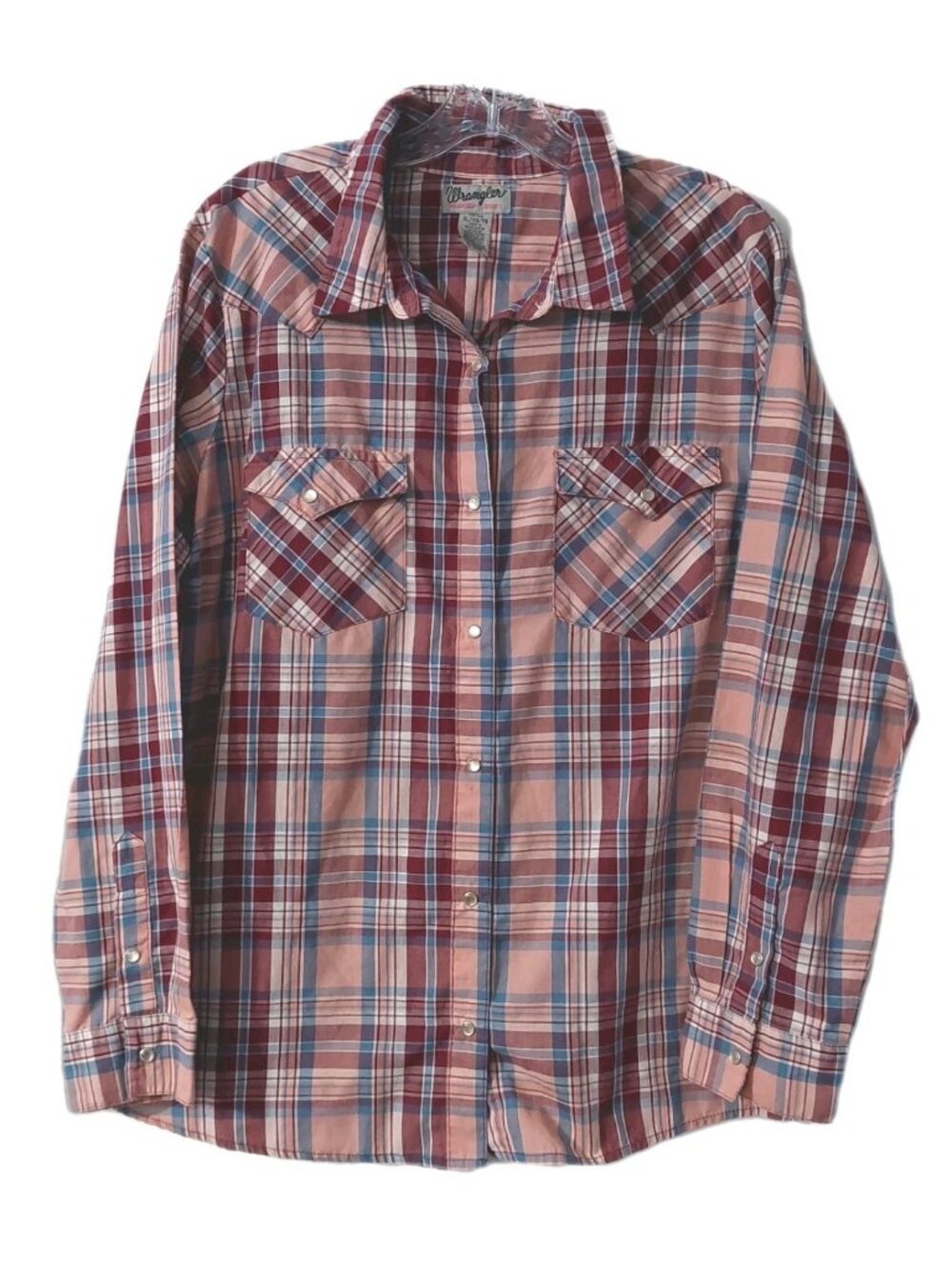 Wrangler Womens Shirt Size XL Pink Red Plaid Pearl Snap Y2K Cowgirl
